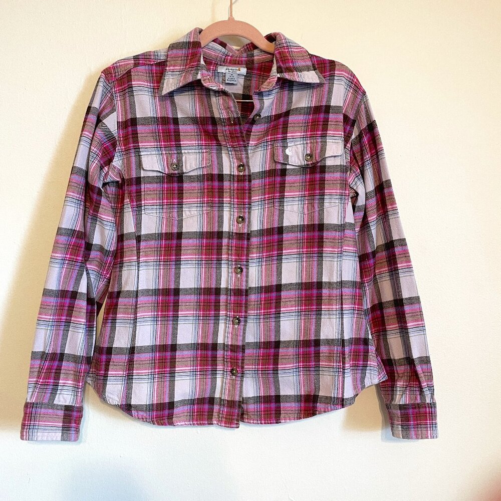 🔥 Carhartt | Pink/Purple Plaid Cotton Flannel Button-Down Shirt Medium 8/10